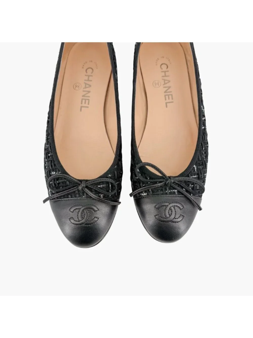 Chanel CC Cap Toe Logo Tweed Ballet Flats Black Leather Size 37 US 6-6.5 Women's - Picture 4 of 15